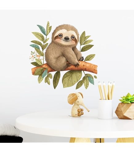 Sloth Wall Stickers With Tropical Plants - Removable Peel & Stick Wall Decals For Kids Rooms