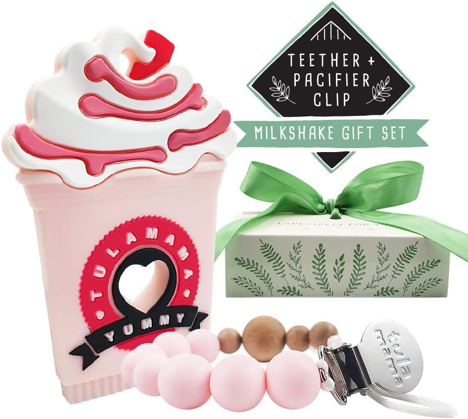 Gift Ready Teething Toy & Pacifier Clip by Tulamama. Bendable & Freezer Friendly. Recommended by Moms. 100% Silicone (Like Nipples & Pacifiers), BPA & Phthalates Free, FDA Compliant. Milkshake-Gift