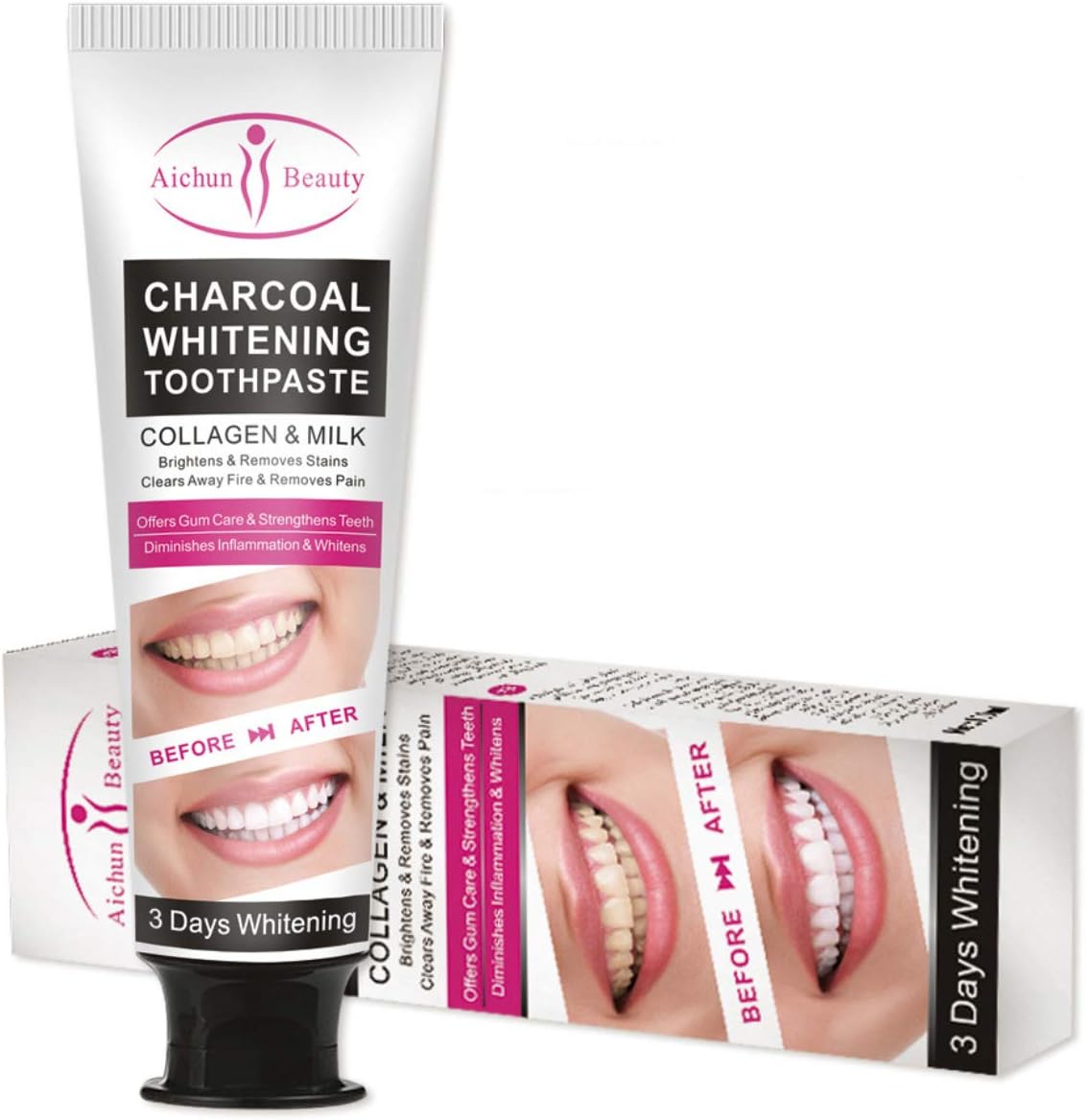AICHUN BEAUTY Charcoal 3 Day Whitening Toothpaste Collagen Removes Stains Removes Yellow Teeth 100ml