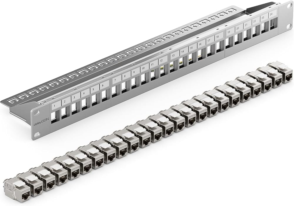 deleyCON 24-Port CAT7 Patch Panel 1U 19" Rack Mount 24x Keystone RJ45 LAN 10G