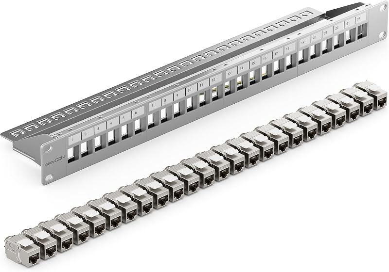 deleyCON 24-Port CAT7 Patch Panel 1U 19" Rack Mount 24x Keystone RJ45 LAN 10G