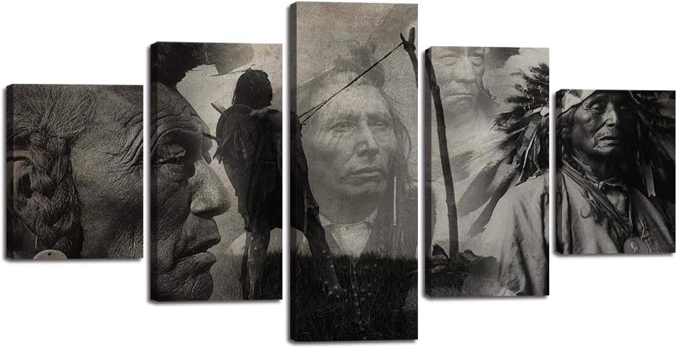 5 Pieces Wall Art Canvas Painting Black and White American Indians Portrait Picture Native American Poster Print Artwork for Living Room Bedroom Office Home Decor Framed Ready to Hang (60”Wx32”H)