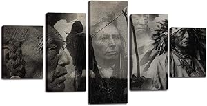 5 Pieces Wall Art Canvas Painting Black and White American Indians Portrait Picture Native American Poster Print Artwork for Living Room Bedroom Office Home Decor Framed Ready to Hang (60”Wx32”H)