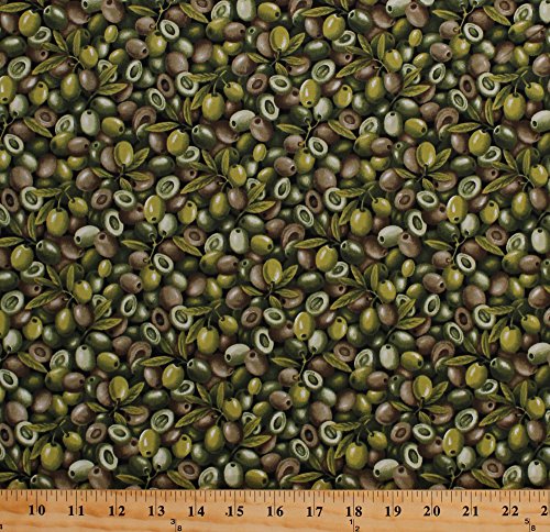 Cotton Fresh Olives Olive Branches Vegetables Fruit Food Kitchen Farmer J Garden Party Green Cotton Fabric Print by The Yard (120-13231)