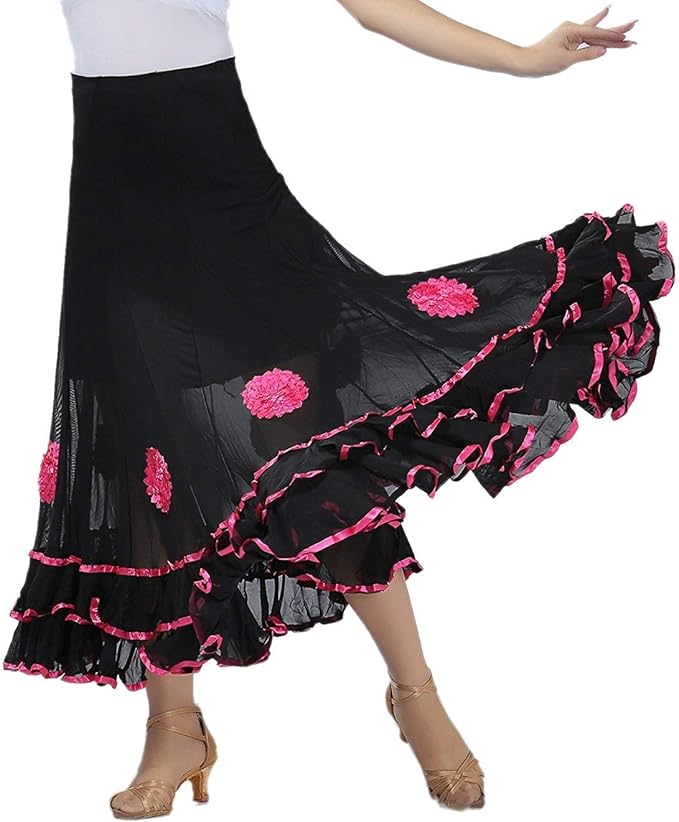 Ruffle Floral Ballroom Flamenco Dance Long Swing Practice Skirts，Modern
