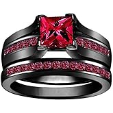 Bridal Sets Black Gold Plated Womens Wedding Ring Sets Princess cut 6mm Red Cz 2pcs Engagement Ring