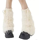 MatFirsmo Faux Fur Furry Leg Warmers for Women Girls, Warm Knit Fuzzy Boot Covers Long Boot Cuff Boot Sleeves, White Fluffy Legwarmers for Winter
