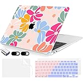MecBevia Compatible with MacBook Air 13.3 inch Case 2021-2018 Release A2337 M1 A2179 A1932 Touch ID, Plastic Hard Shell&Keyboard Cover&Screen Protector&Webcam Cover&Type-C Adapter, ColorfulFlowers