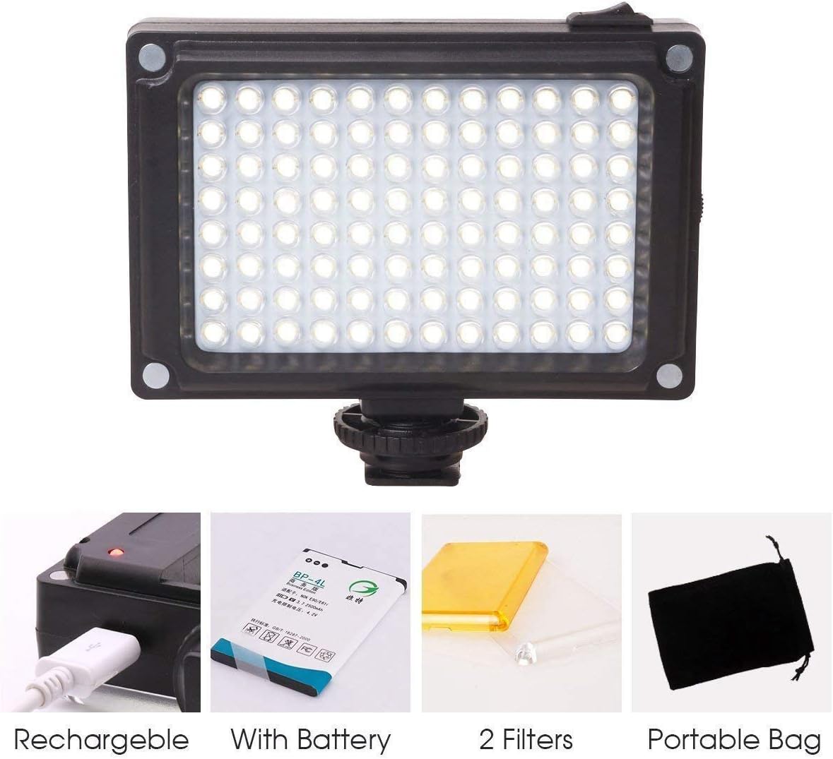 RETYLY Rechargeble 96 LED Video Light, on Camera Led Light with 2500mAh Battery and Magnet Filters for Panasonic DSLR Camcorder