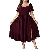 SCOMCHIC Womens Plus Size Wedding Guest Cocktail Dresses Sweetheart Neckline Short Sleeve Smocked Ruffle Slit Maxi Dress
