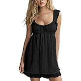 Women Sleeveless Mini Sundress Floral Embroidery Elastic Waist Aline Dress Square Neck Babydoll Short Dress