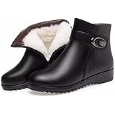 Women's Metal Buckle Genuine Leather Wool Orthopedic Boots, Winter Warm Waterproof Slip On Fur Lined Snow Ankle Booties with Side Zipper