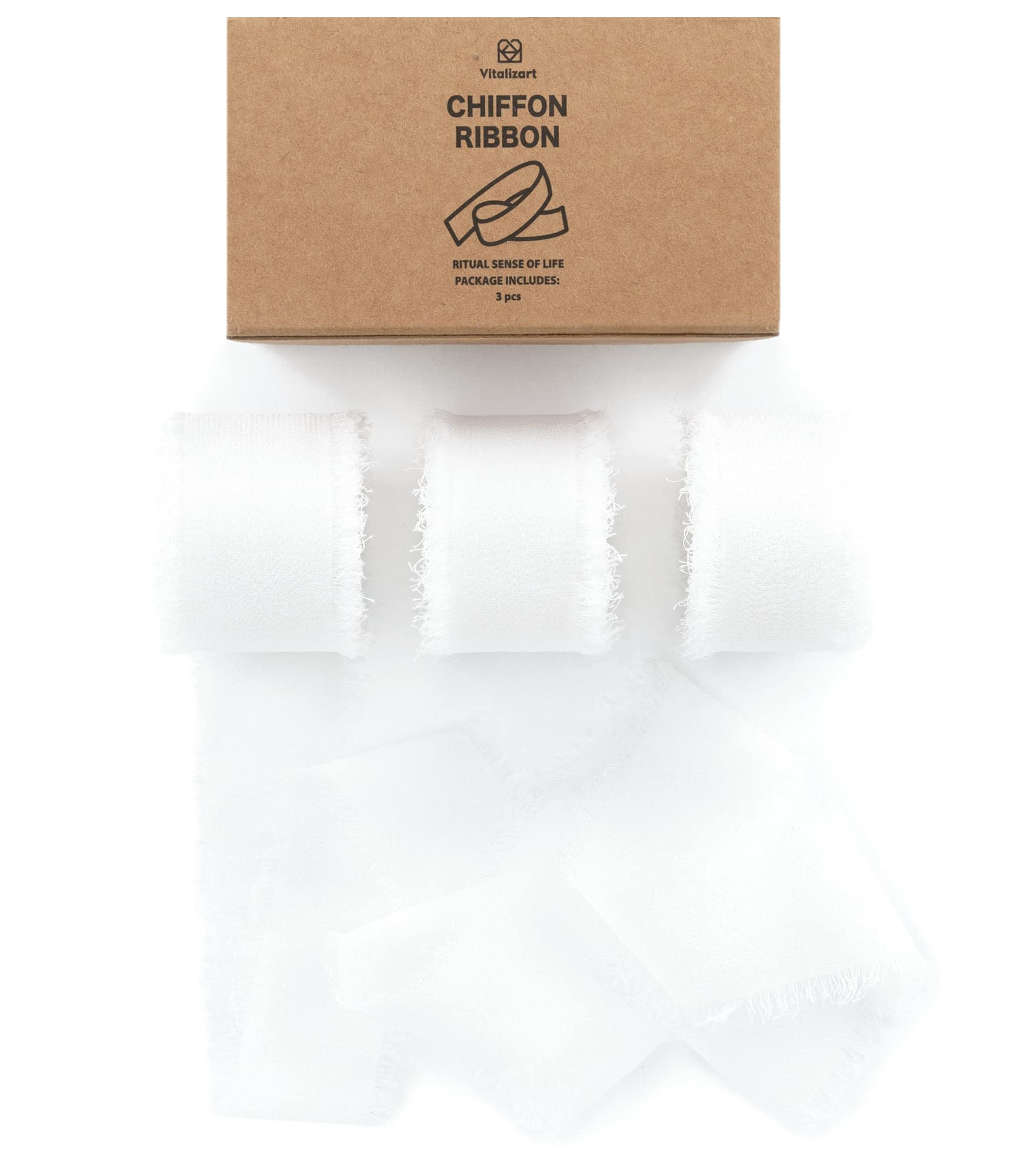 Vitalizart White Chiffon Silky Ribbon 1" x 21Yd Fringe Edge, Fabric Ribbon Package (3 Rolls *7Yd) for Wedding Invitation, Bridal Bouquet, Decoration, Gift Wrapping, Bow Making
