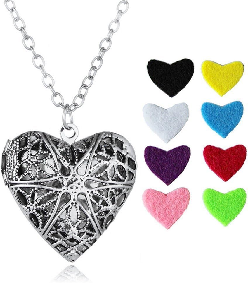 8 Colors Mesh Pads Copper Locket Hollow Heart Pendant Essential Oil Diffuser Necklace Jewelry Gifts for Women Morenitor Heart Diffuser Necklace