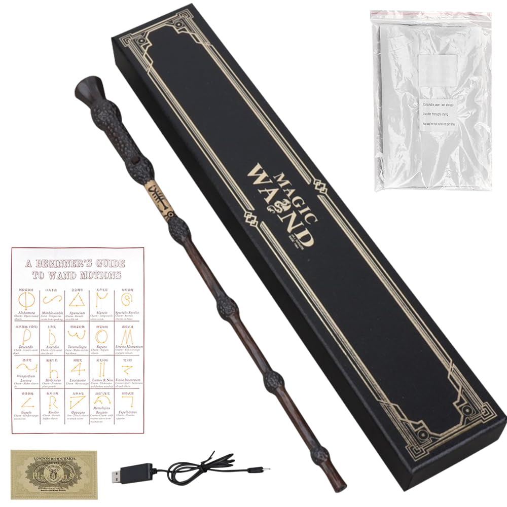 CLIUNT Harry Potter Wand, 35CM Magic Wand, USB Charging, Light Up, Shoots Fire, Spell Card, Station Ticket, Necklace