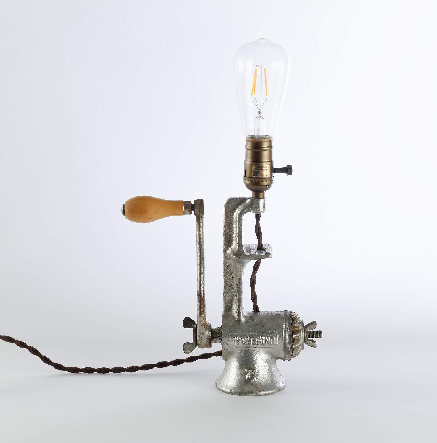 Handmade Upcycled Meat Grinder Lamp with Dimmer and LED Edison Bulb Handmade