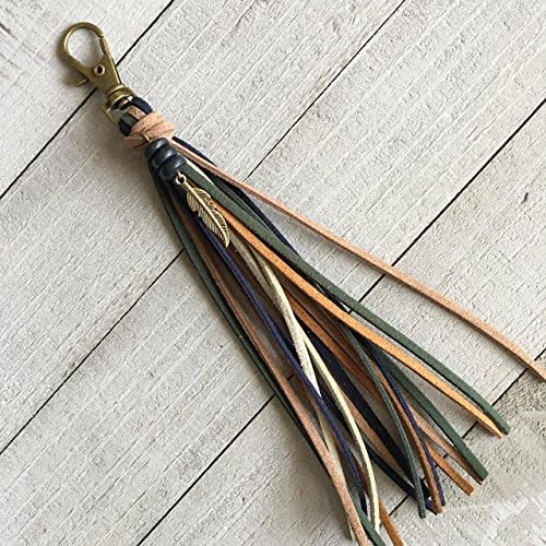 Tassel Bag Charm Key Chain - Boho Handmade Faux Suede Tassel with Wooden Beads and Feather Charm (KC221)