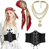 HHJJRZ 3 Pcs Pirate Costume Set for Women Pirate Bandana, Corset & Necklace for Halloween, Renaissance Faire & Cosplay Party Dress-Up Parties Carnival Outfits
