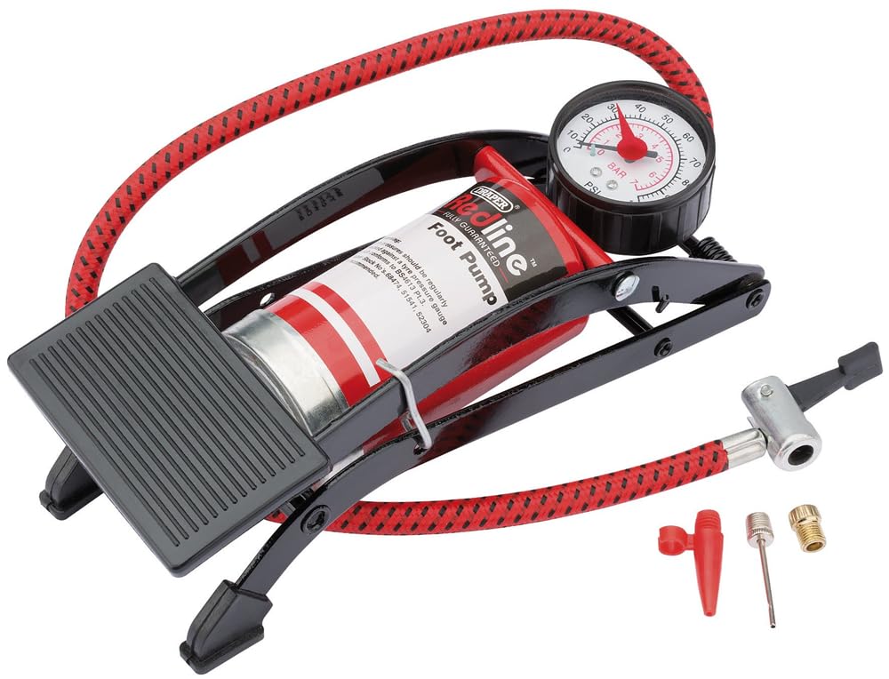 Draper Redline Foot Pump | Braided Delivery Hose | Lock on Connector | Cylinder Manual Pump | Air Bed and Football Nozzle Included | 68092