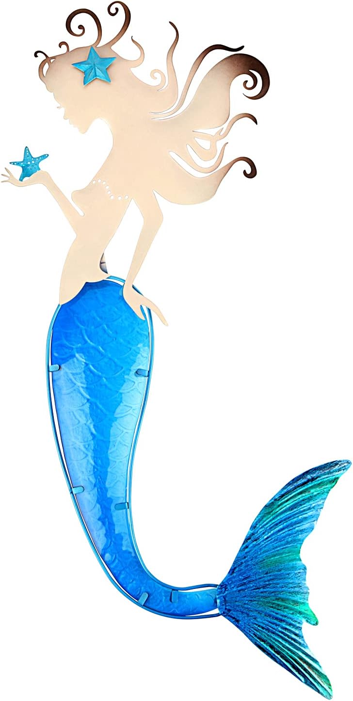Plaques & Wall Art - John's Studio Mermaid Wall Decor Outdoor Metal Fish Bathroom Hanging Art Glass Blue Ocean Theme Decorations for Home, Pool and Patio