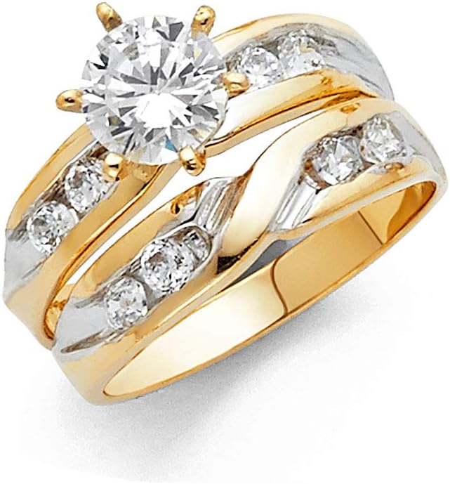 Wellingsale Solid 14k Two 2 Tone White and Yellow Gold Polished CZ Cubic Zirconia Round Cut Engagement Ring with Side Stones and Wedding Band Bridal Set