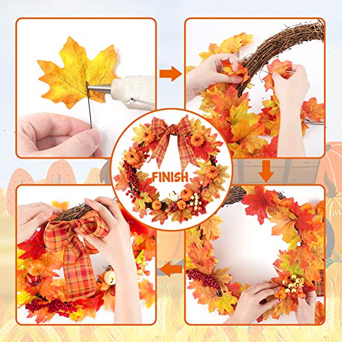 HAKACC 15 inch DIY Fall Wreath Autumn Wreath Supplies with Grapevine Wreath, Pumpkin,Maple Leaves and Artificial Berries for Autumn Halloween Thanksgiving Day