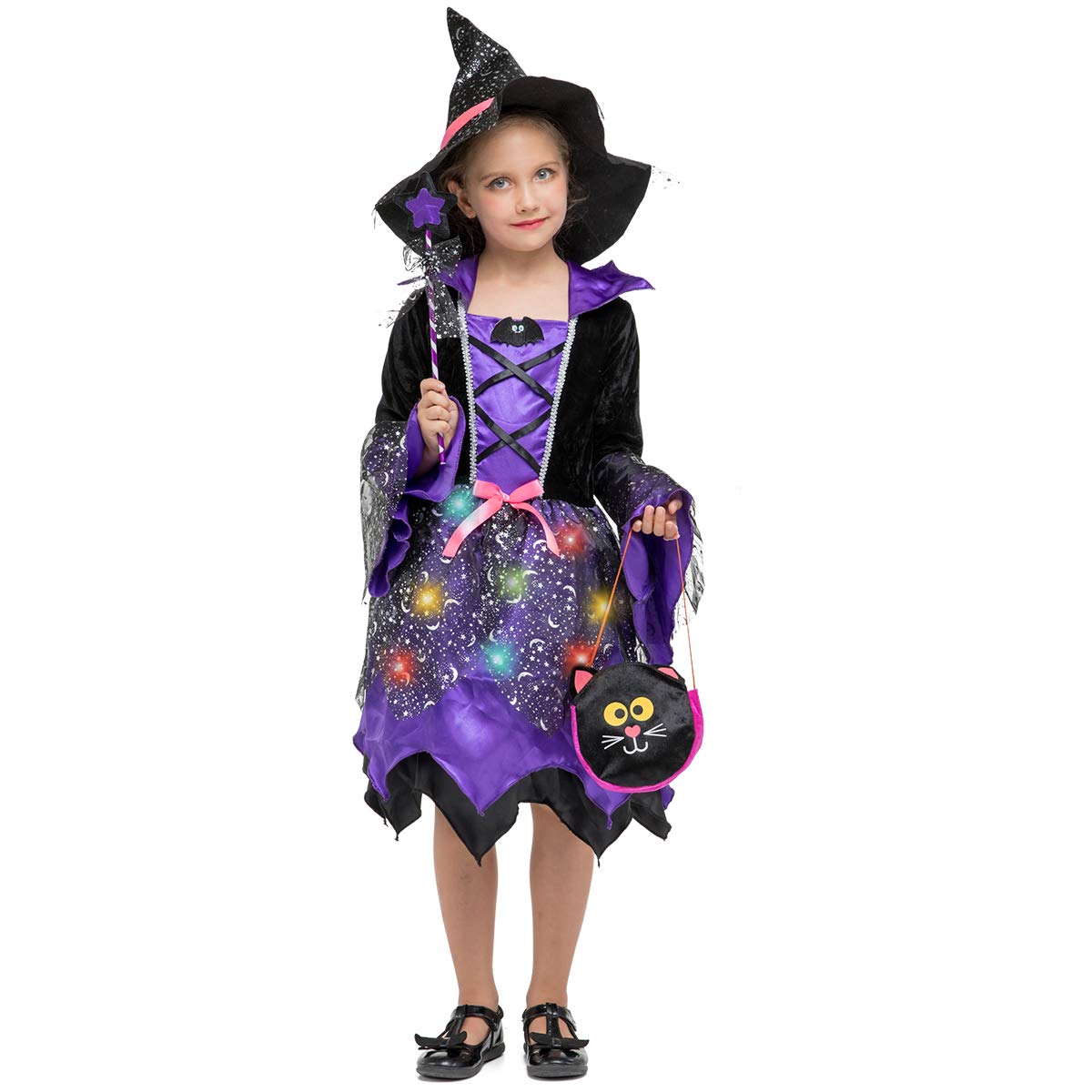 Photo 1 of #NA Girls Light-up Witch Halloween Costumes Kids Fancy Dress Set Bat Purple 3-4T