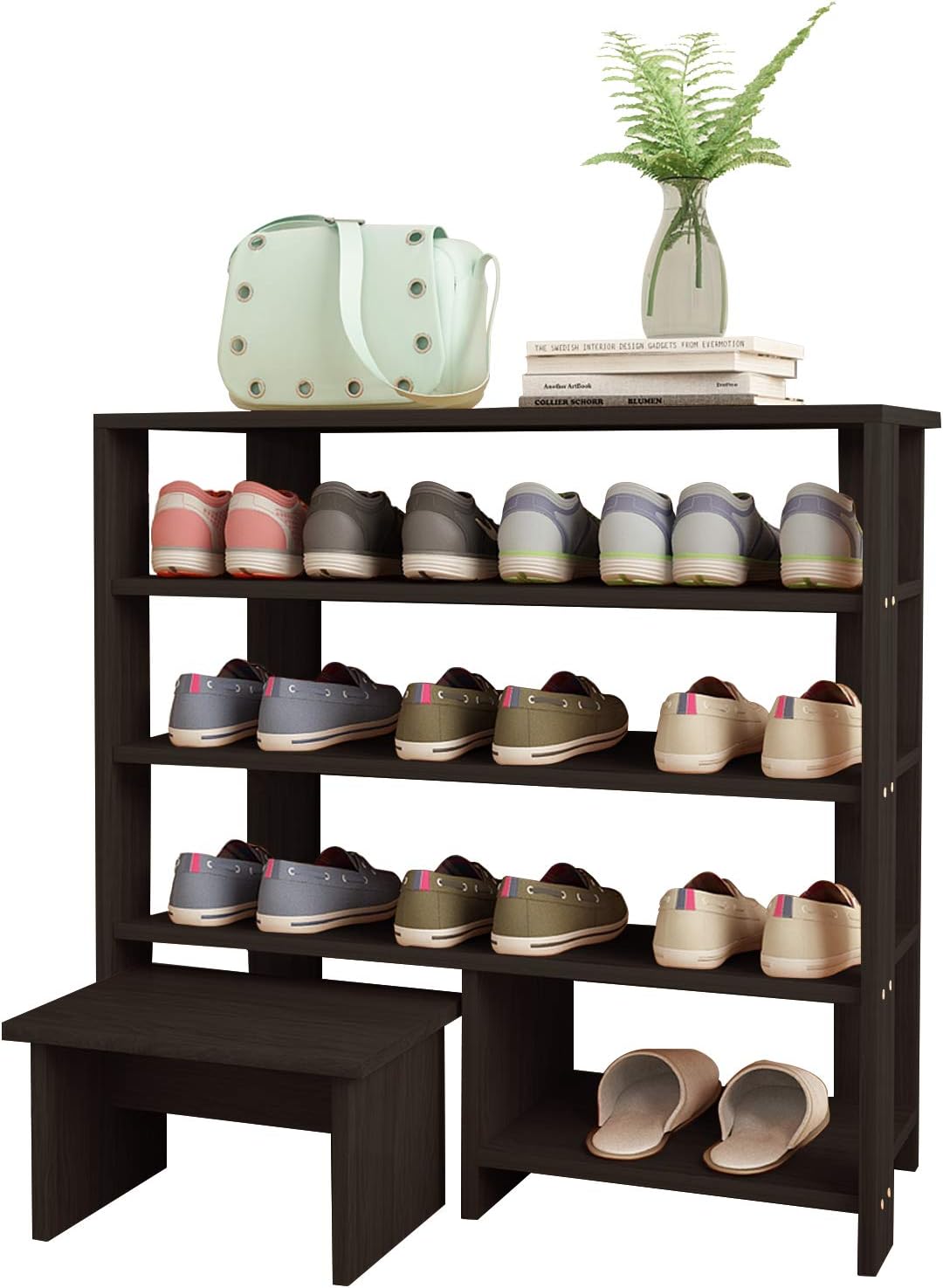 bamboo shoe rack amazon on Amazon Com Jerry Maggie 4 Tier Wood Mdf Shelf Shoe Rack With One Footstool Shoe Storage Shelves Free Standing Flat Shoe Racks Classic Style 101 Multi Function Shelf Organizer Black Furniture