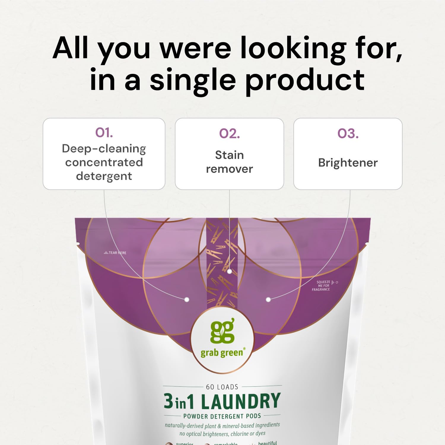 Grab Green 3-in-1 Laundry Detergent Pods, 60 Count, Lavender Vanilla Scent, Plant and Mineral Based, Superior Cleaning Power, Stain Remover, Brightens Clothes