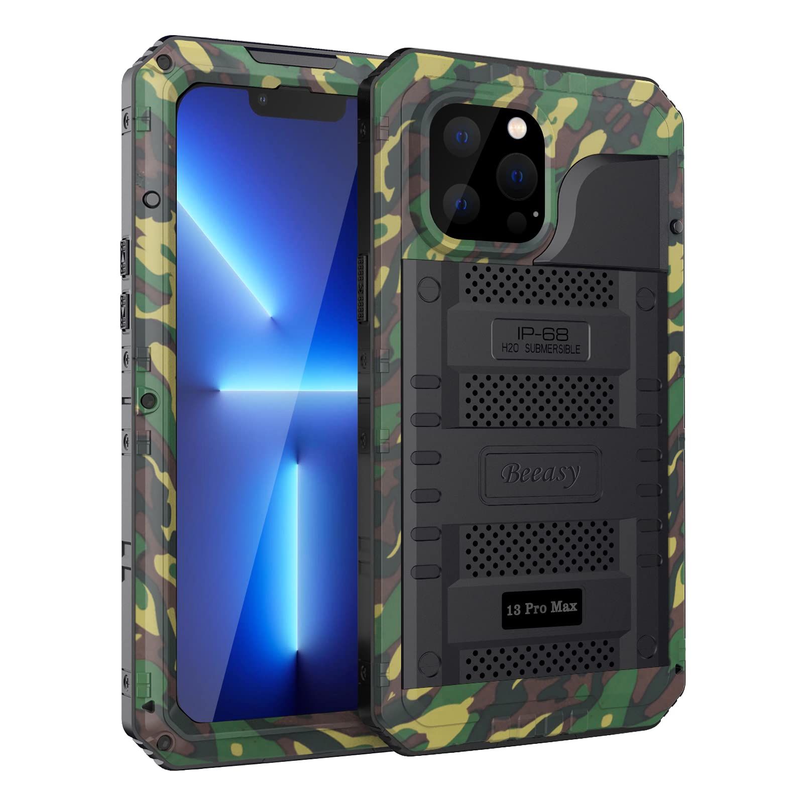 Beeasy for iPhone 13 Pro Max Case Waterproof Heavy Duty Shockproof Tough Metal Armour Cover Dustproof Built-in Screen Protector, 360 Full Body Military Protective Rugged Case for 13 Pro Max 6.7",Camo