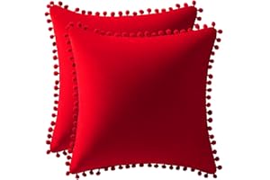 DEZENE Throw Pillow Covers 18x18 Red: 2 Pack Cozy Soft Pom-poms Velvet Square Decorative Pillow Cases for Farmhouse Home Decor
