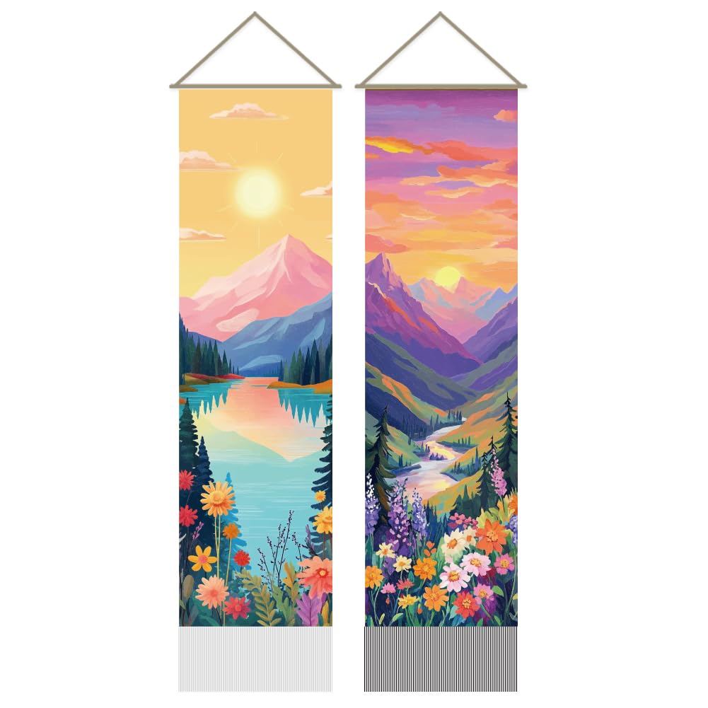 AHANDMAKER 2Pcs Colorful Sunrise and Sunset Tapestry, Mountain River Landscape Long Vertical Tapestry Wall Hanging, Nature Scenery Tassel Wall Tapestries for Bedroom and Living Room(45.7x13)