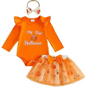 Eurvoku My First Halloween Baby Girl Outfit Newborn Infant Long Sleeve Romper Tutu Skirt Headband 3Pcs Set