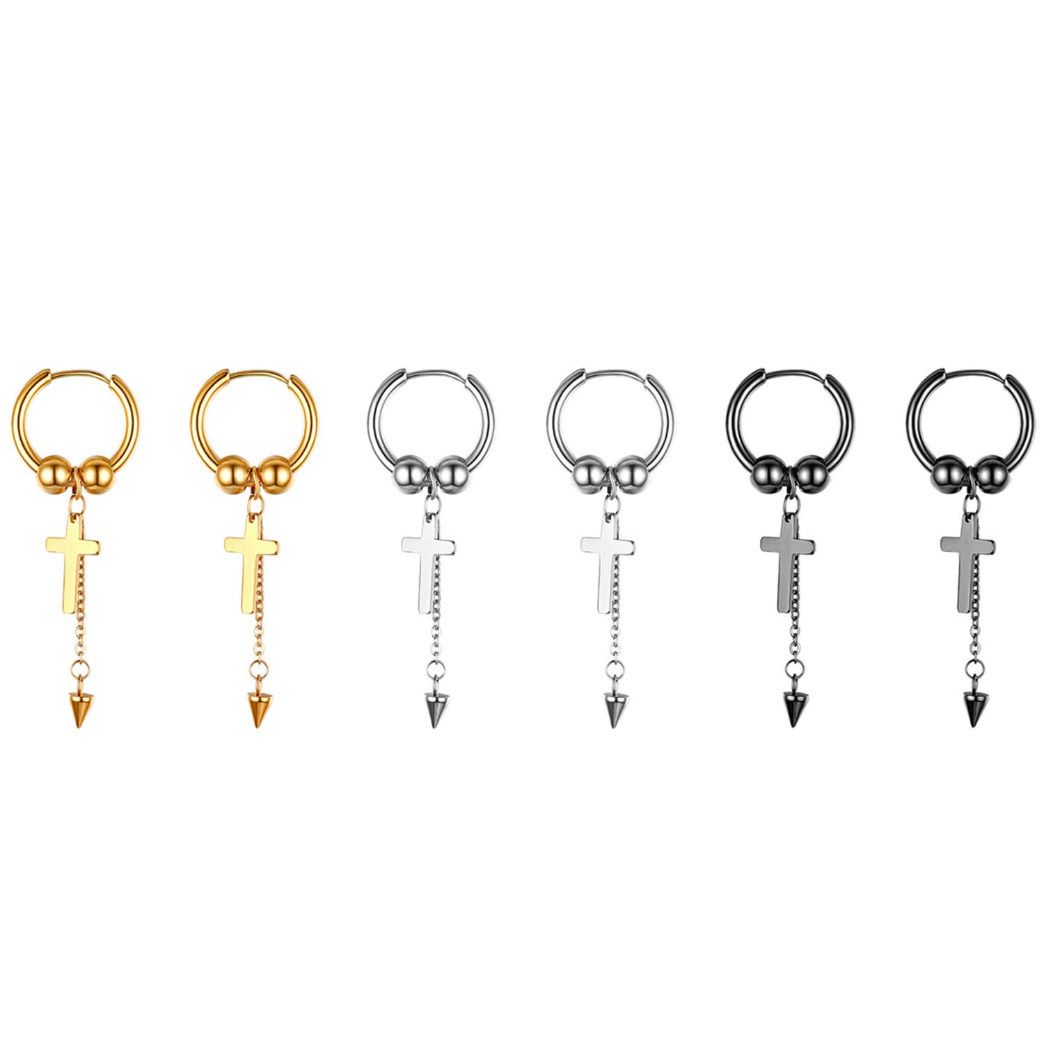 Cupimatch 3 Pairs Cross Dangle Hoop Earrings Set for Men Women, Punk Cone Tassle Ear Pierced Stainless Steel Huggie Hoop Earrings Jewelry