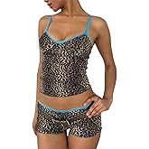 Yiulangde Y2k Leopard Sets 2 Piece Outfit Cheetah Print Cami Tank Top and Pajama Shorts Set for Women Sexy Coquette Sleep Set