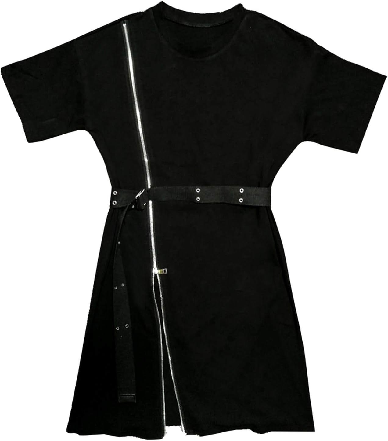 Harajuku Punk Zipper Black Belt Dress Summer Ulzzang Gothic Style Street Split Women T Shirt Dress