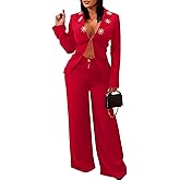 Symina Womens Pants Suits 2 Piece Outfits Dressy Business Long Sleeve Sexy Blazers Wide Leg Pants Set Work