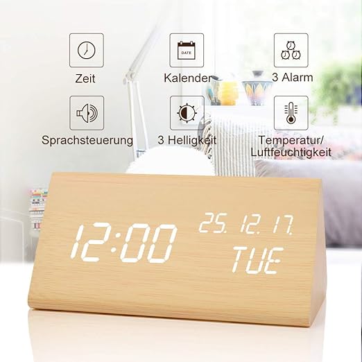 fomobest LED Wecker Digital Wecker Wiederaufladbar Holz Tischuhr Datum/Temperatur Anzeige Bambus