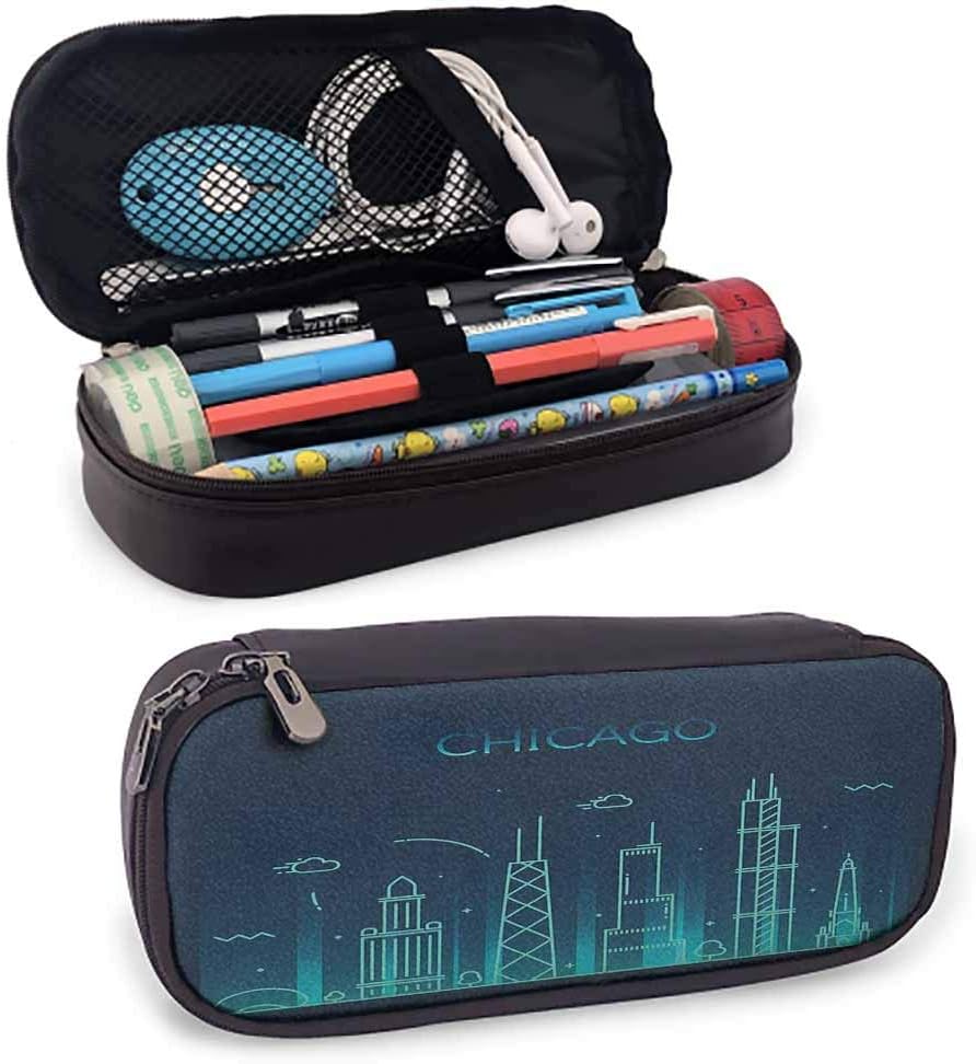 Chicago Skyline Leather Zip-Lock Cosmetic Makeup Pouch Bag Pen Pencil Case, Zipper Bag for Pens, Pencils, Highlighters, Gel Pen, Markers, Eraser and Other School Supplies Dark Blue and Turquoise