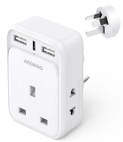 Aodeng 6-in-1 UK to Australia Plug Adapter with 2 USB, Type C Fast Charge