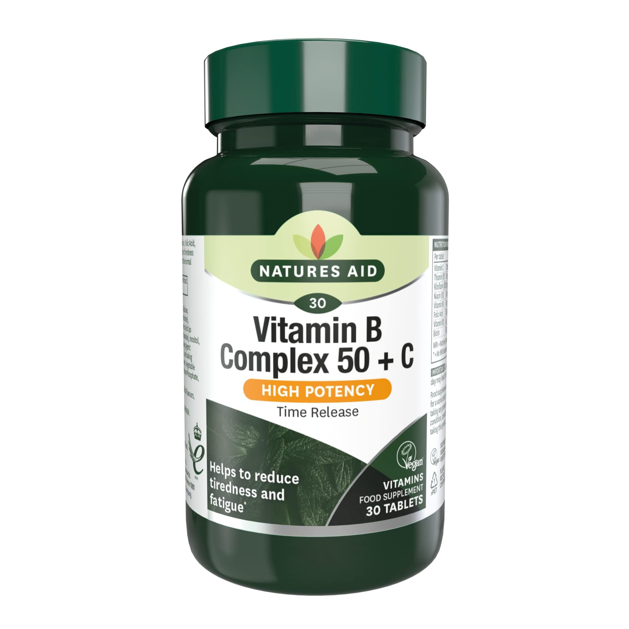 Natures Aid Vitamin B Complex 50 + C - High Strength B Vitamins with Vitamin C - Supports Energy, Nervous System & Immunity, Reduce Tiredness and Fatigue - Vegan, Gluten Free, Non-GMO - 30 Tablets