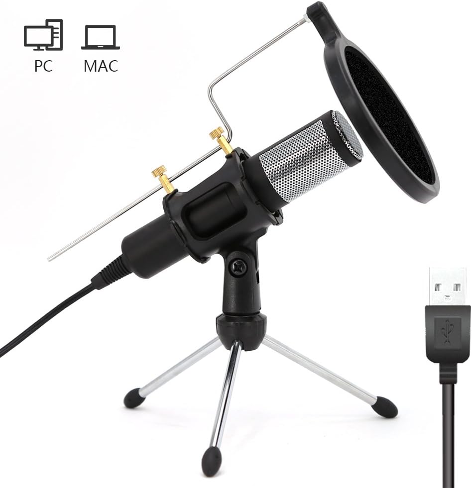 Home Studio USB Condenser Microphone with Mic Stand dual-layer acoustic popfilter for PC Recording,Live,Podcasting, Online Chatting, Mini Desktop MIC Stand