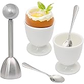 Kyuionty 5 Pcs Ceramic Egg Cup &amp; Egg Topper Cutter Set for Soft Boiled Eggs | Include 2 White Porcelain Egg Cups, 1 Stainless Steel Egg Cutter, 2 SS Spoons in Kitchen for Breakfast Cooking/Gift Childhood