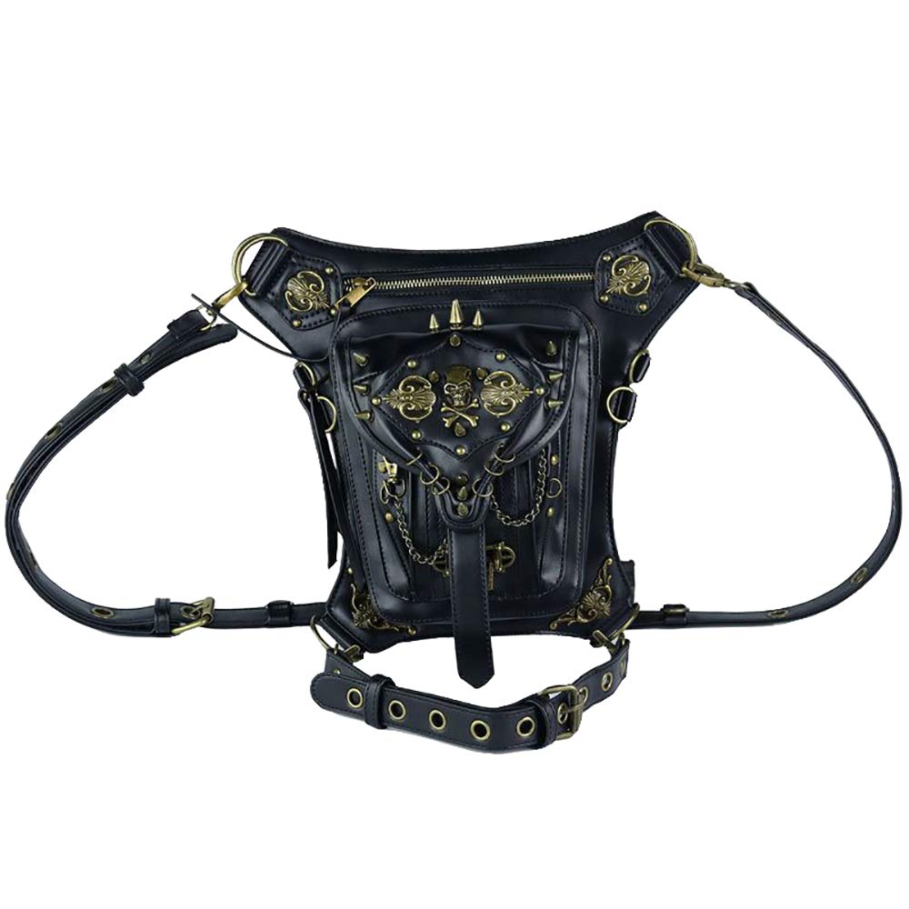 AlwaySky PU Leather Steampunk Waist Bags Gothic Personalized Bag Men and Women Hiking Fanny Pack Mini Travel Pockets Black