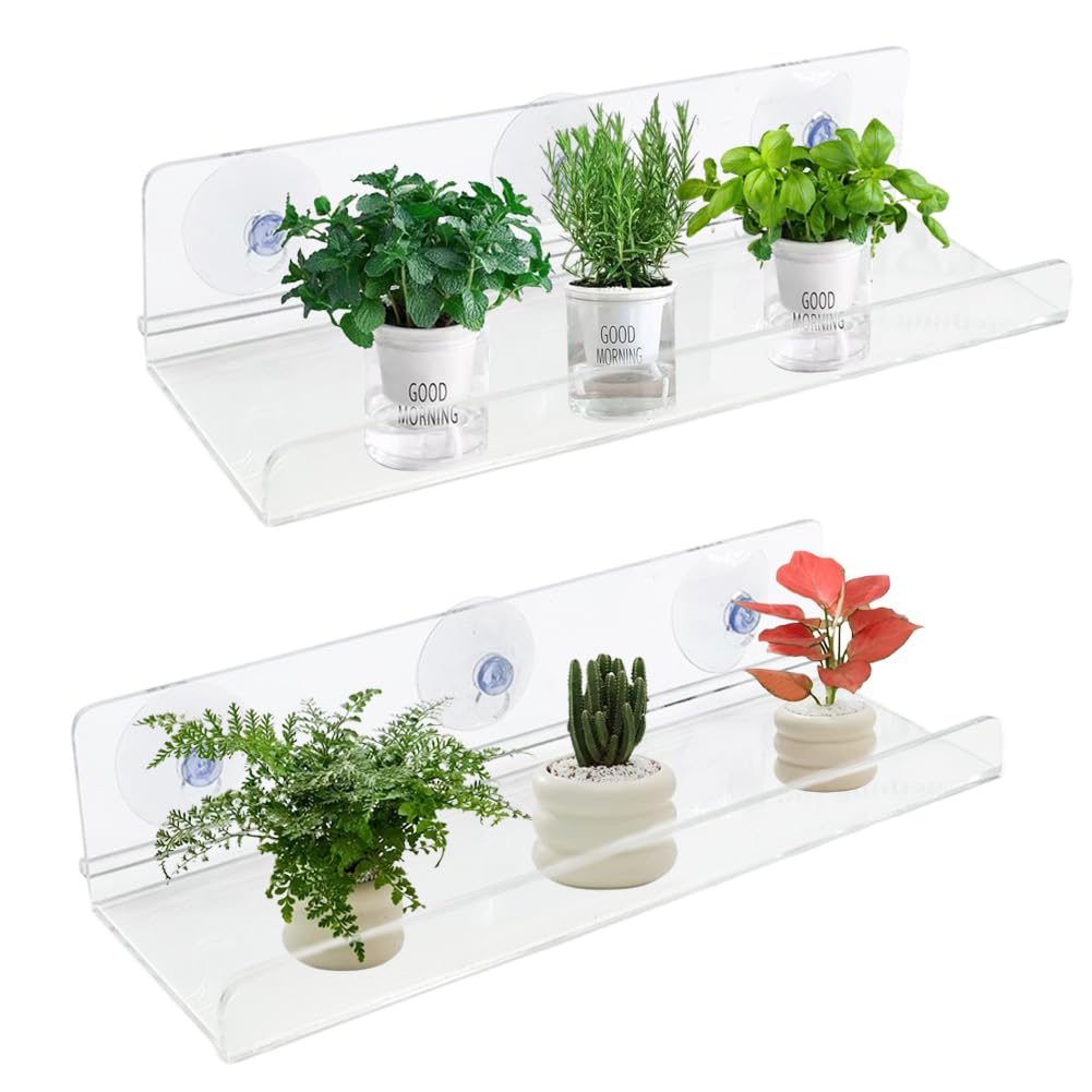 Photo 1 of 2 Pack Ledge Suction Cup Window Shelf 12 Inch Acrylic Window Box Shelf for Plants Indoor Hold Window Planter Succulents Flowers or Herbs