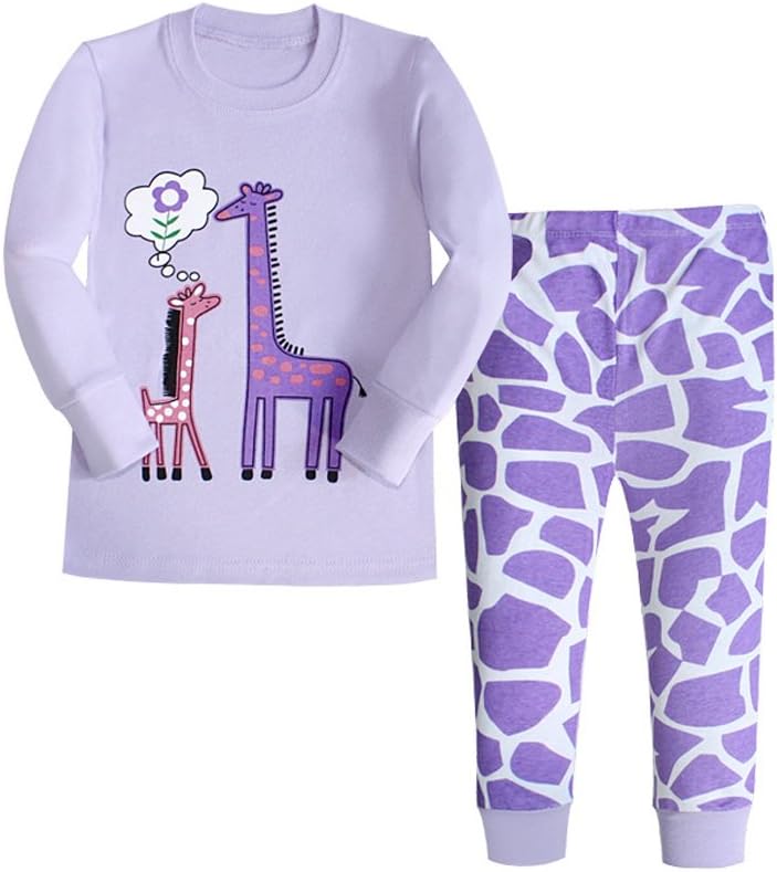 Giraffe Pajamas for Girls, 100% Cotton Children Sleepwear Kids PJs Gift Set size 2Y-7Y(Purple 5T)