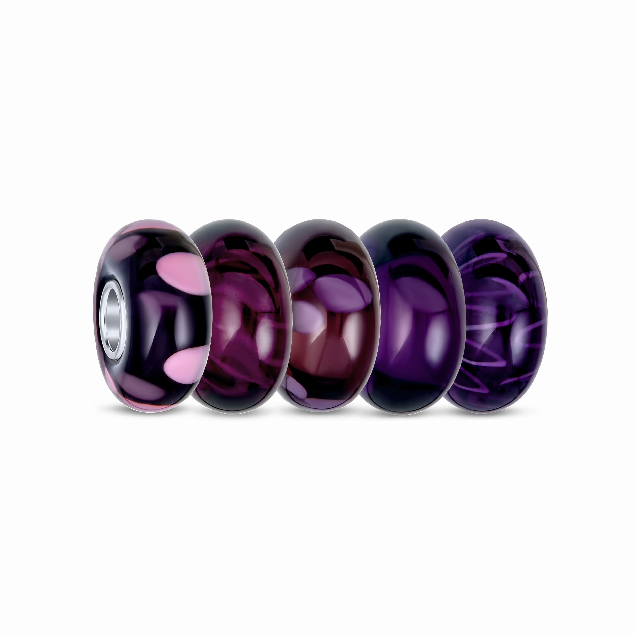 Bling Jewelry Violet Lavender Purple Burgundy Murano Glass Set Of 6 Pieces .925 Sterling Silver Core Spacer Charm Bead Bundle Fits European Style Bracelet For Women For Teen