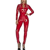 Panegy Women's Metallic Leotard Mesh Front Leather Bodysuit Jumpsuit with Chains