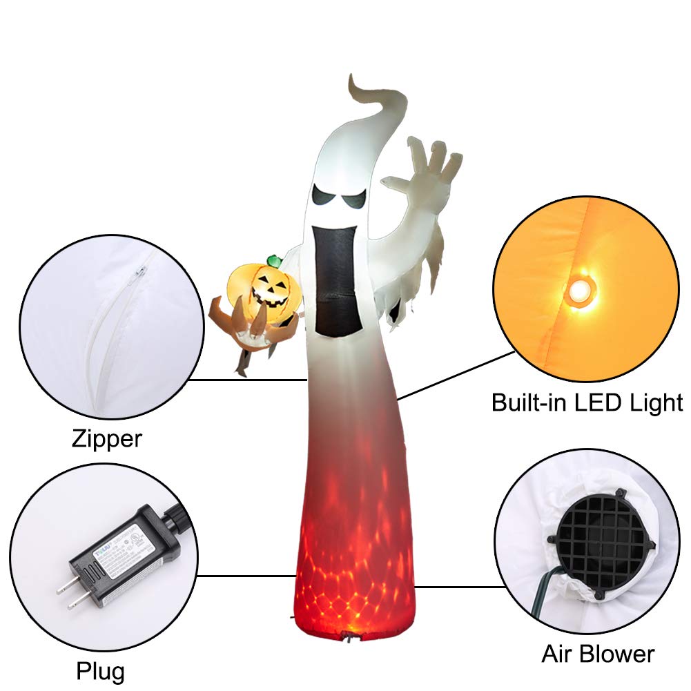 SUPERJARE 8 Ft Halloween Inflatable Ghost, Blow up Flashing Flame Decoration with LED Light, Indoor & Outdoor, Yard & Lawn Decor