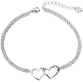 DAOCHONG S925 Sterling Silver I Love U Forever Love Heart Double Chain Bracelets,7+2 inches